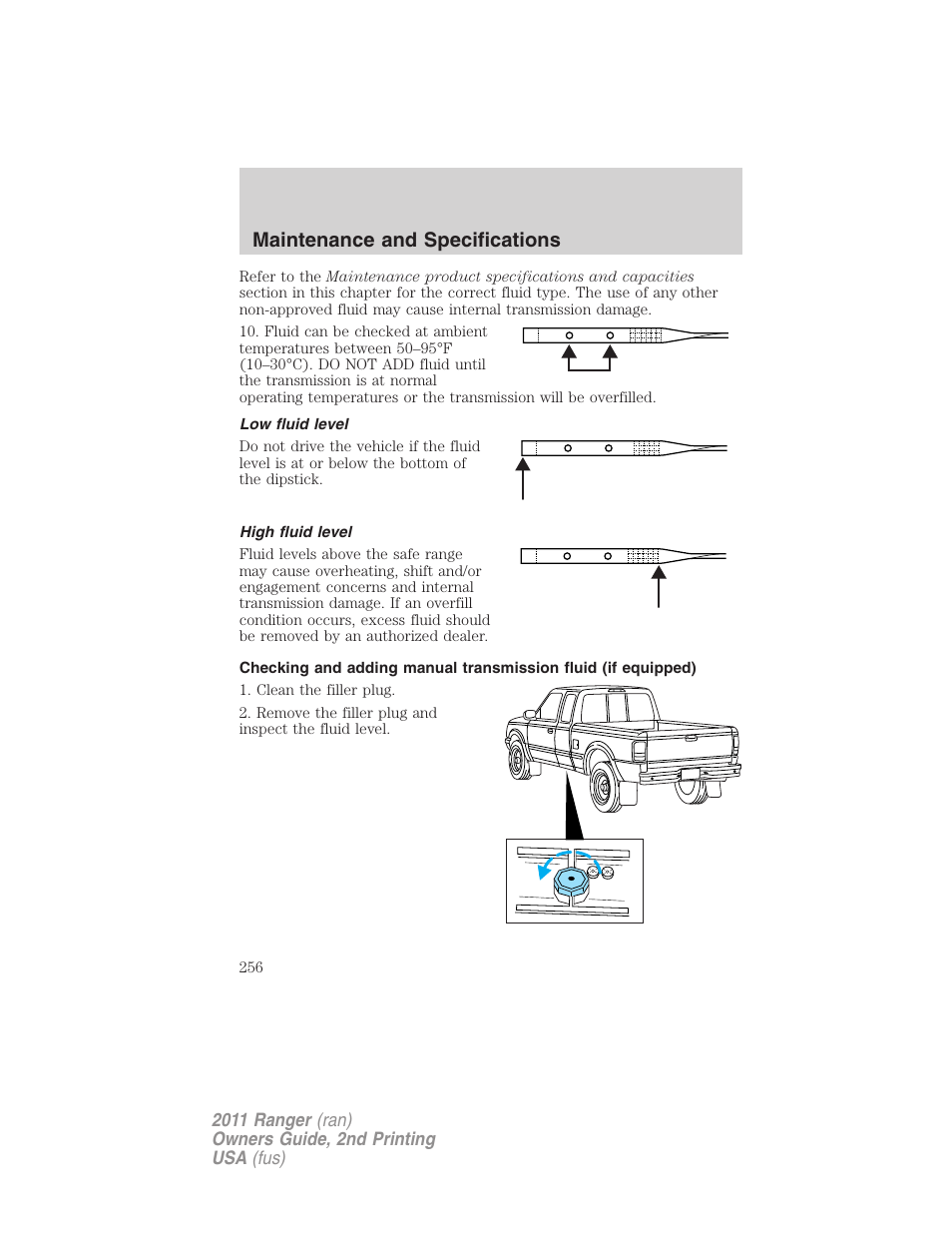 Low fluid level, High fluid level, Maintenance and specifications | FORD 2011 Ranger v.2 User Manual | Page 256 / 303