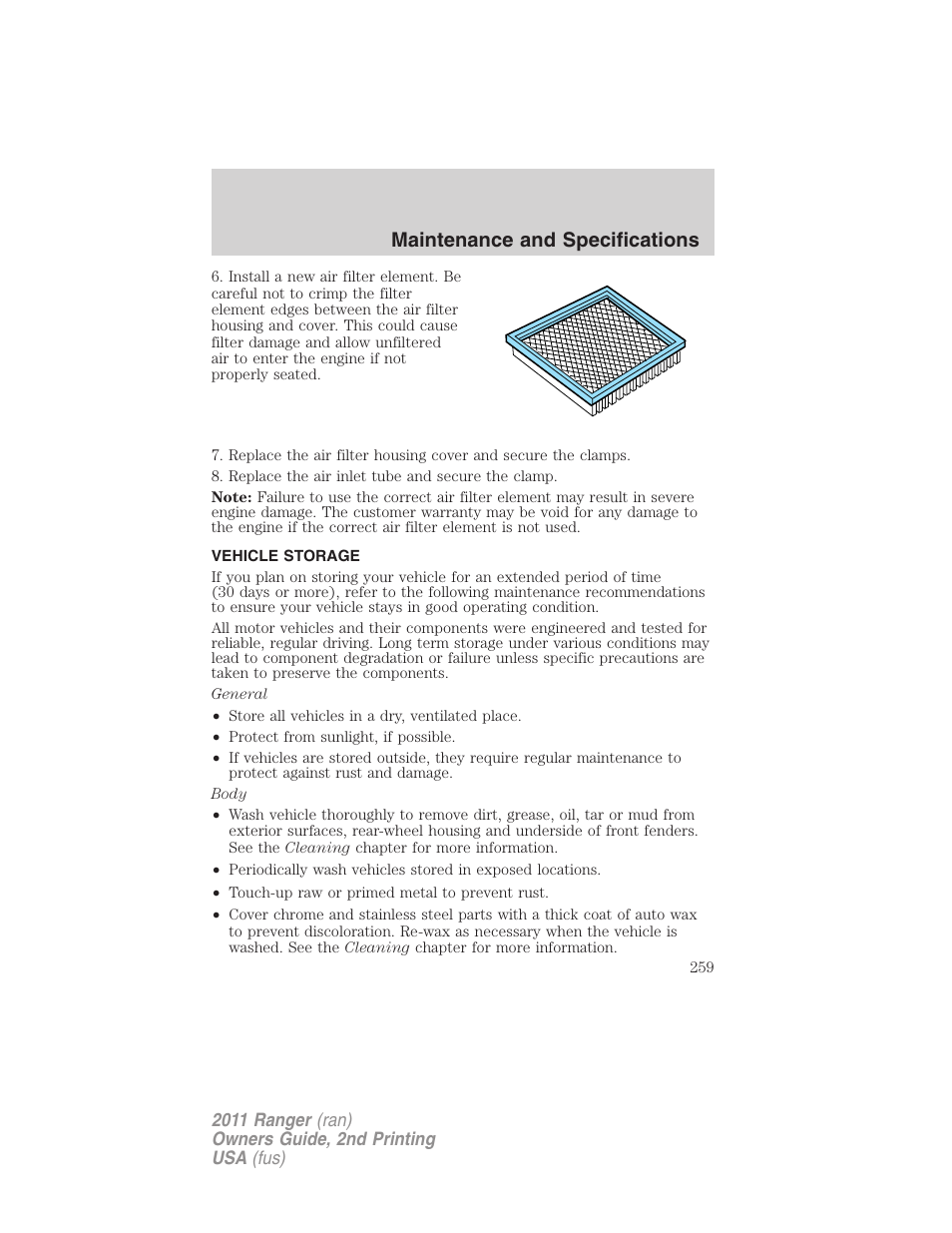 Vehicle storage, Maintenance and specifications | FORD 2011 Ranger v.2 User Manual | Page 259 / 303