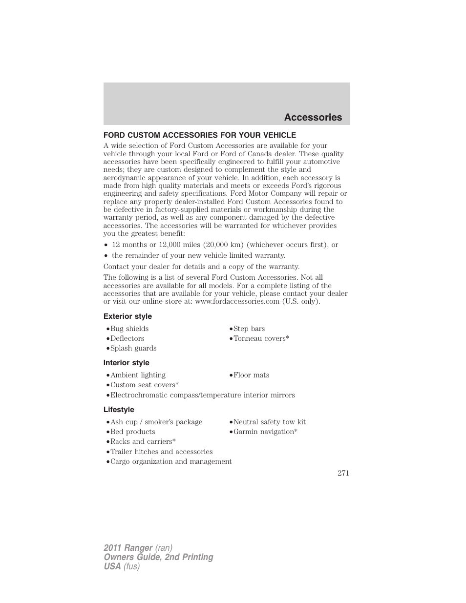 Accessories, Ford custom accessories for your vehicle, Exterior style | Interior style, Lifestyle | FORD 2011 Ranger v.2 User Manual | Page 271 / 303