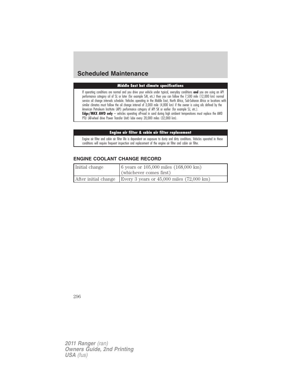 Engine coolant change record, Scheduled maintenance | FORD 2011 Ranger v.2 User Manual | Page 296 / 303