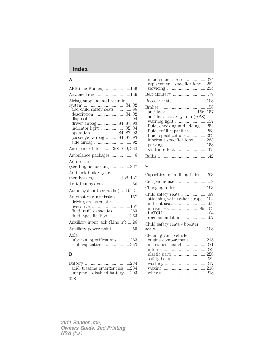 Index | FORD 2011 Ranger v.2 User Manual | Page 298 / 303