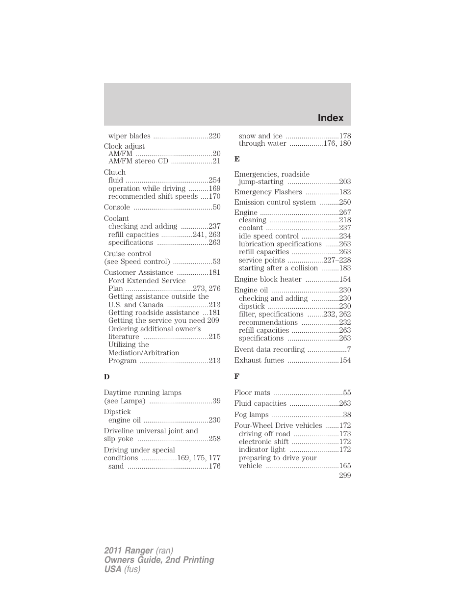 Index | FORD 2011 Ranger v.2 User Manual | Page 299 / 303