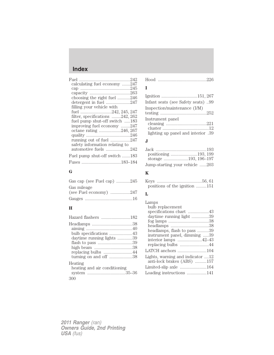 Index | FORD 2011 Ranger v.2 User Manual | Page 300 / 303