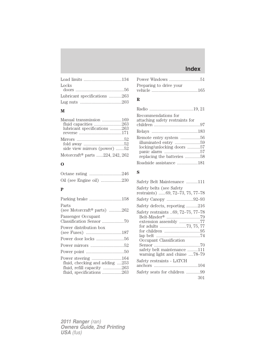 Index | FORD 2011 Ranger v.2 User Manual | Page 301 / 303