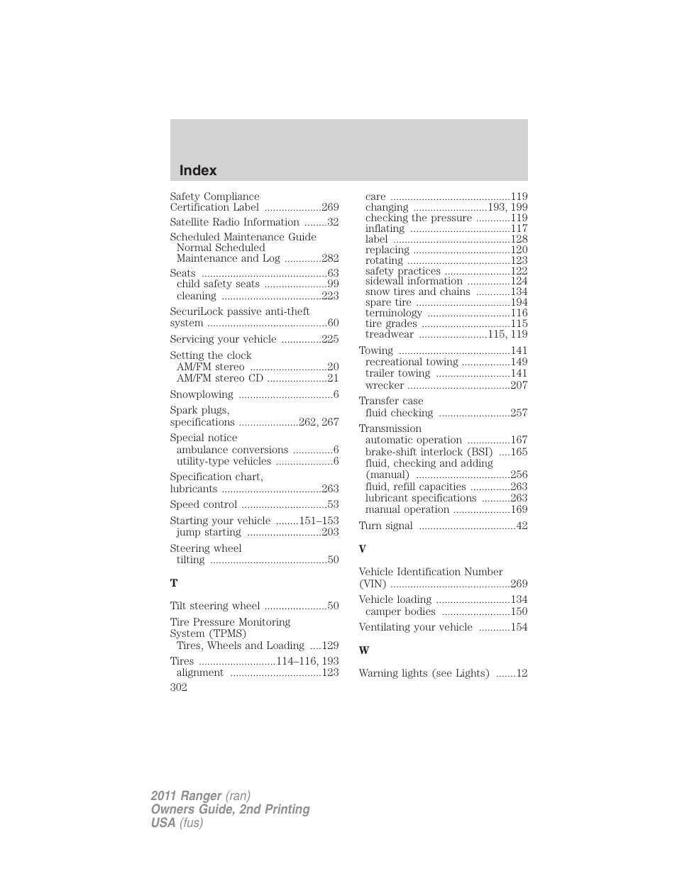 Index | FORD 2011 Ranger v.2 User Manual | Page 302 / 303