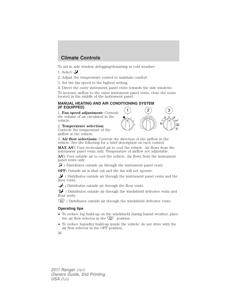 Operating tips, Manual heating and air conditioning, Climate controls | FORD 2011 Ranger v.2 User Manual | Page 36 / 303