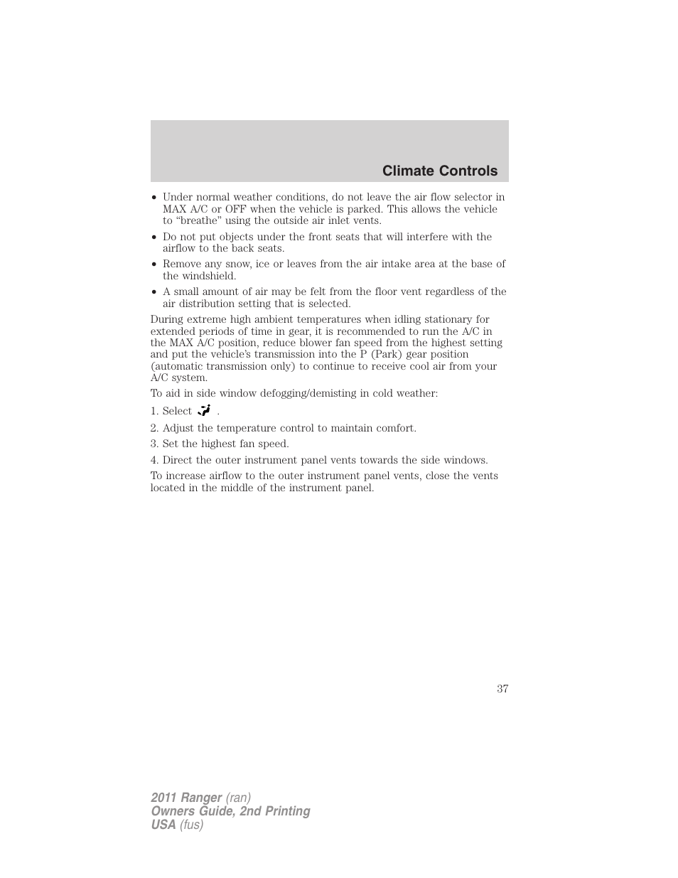 Climate controls | FORD 2011 Ranger v.2 User Manual | Page 37 / 303