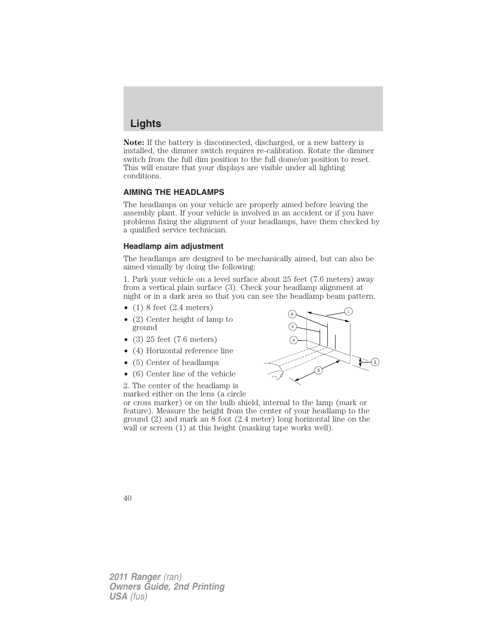 Aiming the headlamps, Headlamp aim adjustment, Lights | FORD 2011 Ranger v.2 User Manual | Page 40 / 303