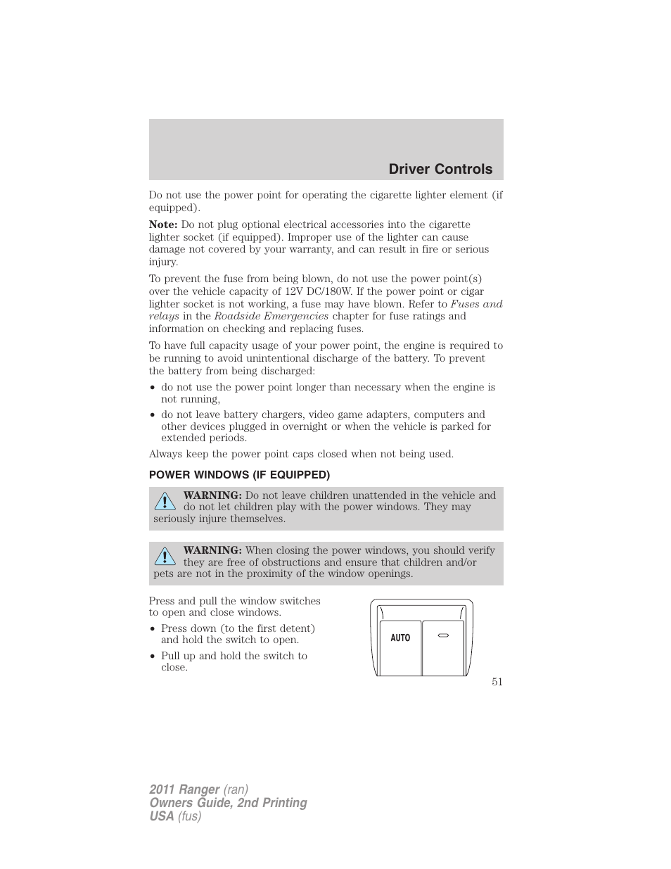 Power windows (if equipped), Power windows, Driver controls | FORD 2011 Ranger v.2 User Manual | Page 51 / 303