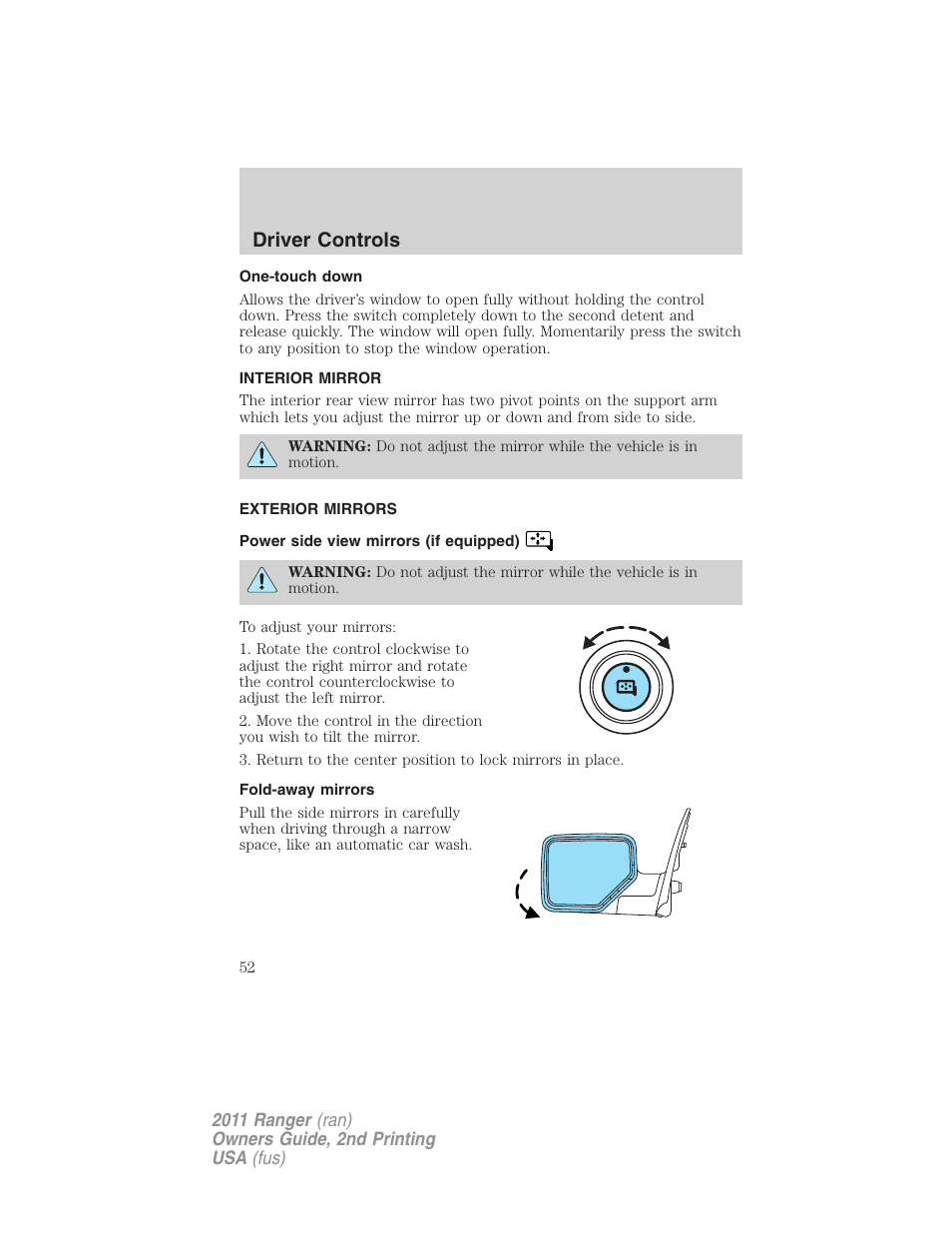 One-touch down, Interior mirror, Exterior mirrors | Power side view mirrors (if equipped), Fold-away mirrors, Mirrors, Driver controls | FORD 2011 Ranger v.2 User Manual | Page 52 / 303