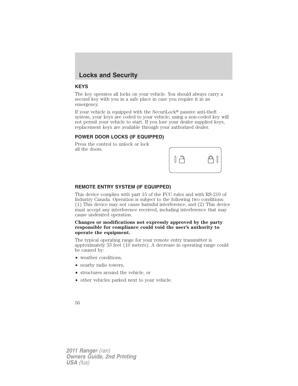 Locks and security, Keys, Power door locks (if equipped) | Remote entry system (if equipped), Locks | FORD 2011 Ranger v.2 User Manual | Page 56 / 303