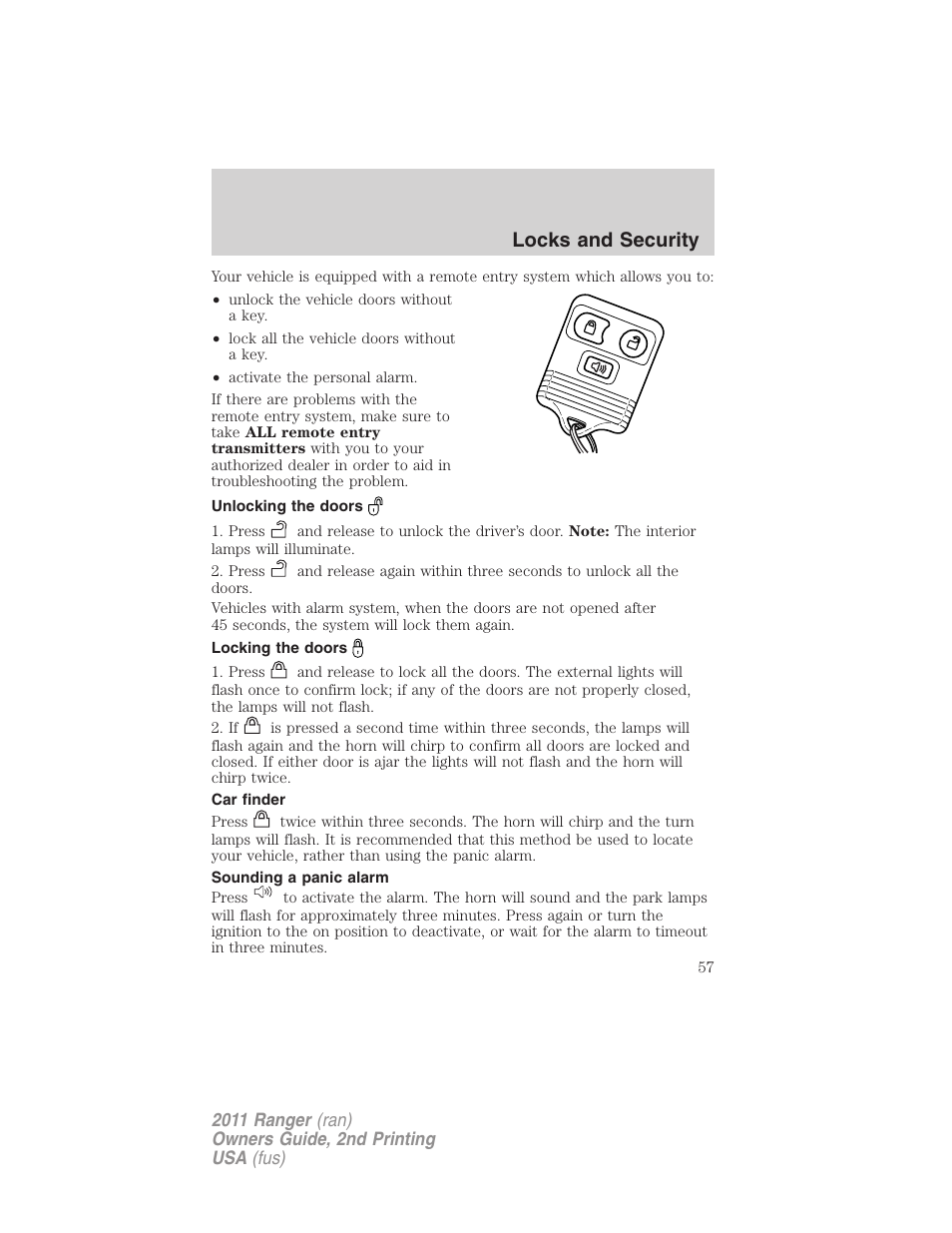 Unlocking the doors, Locking the doors, Car finder | Sounding a panic alarm, Locks and security | FORD 2011 Ranger v.2 User Manual | Page 57 / 303