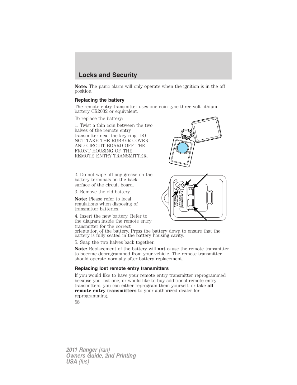 Replacing the battery, Replacing lost remote entry transmitters, Locks and security | FORD 2011 Ranger v.2 User Manual | Page 58 / 303