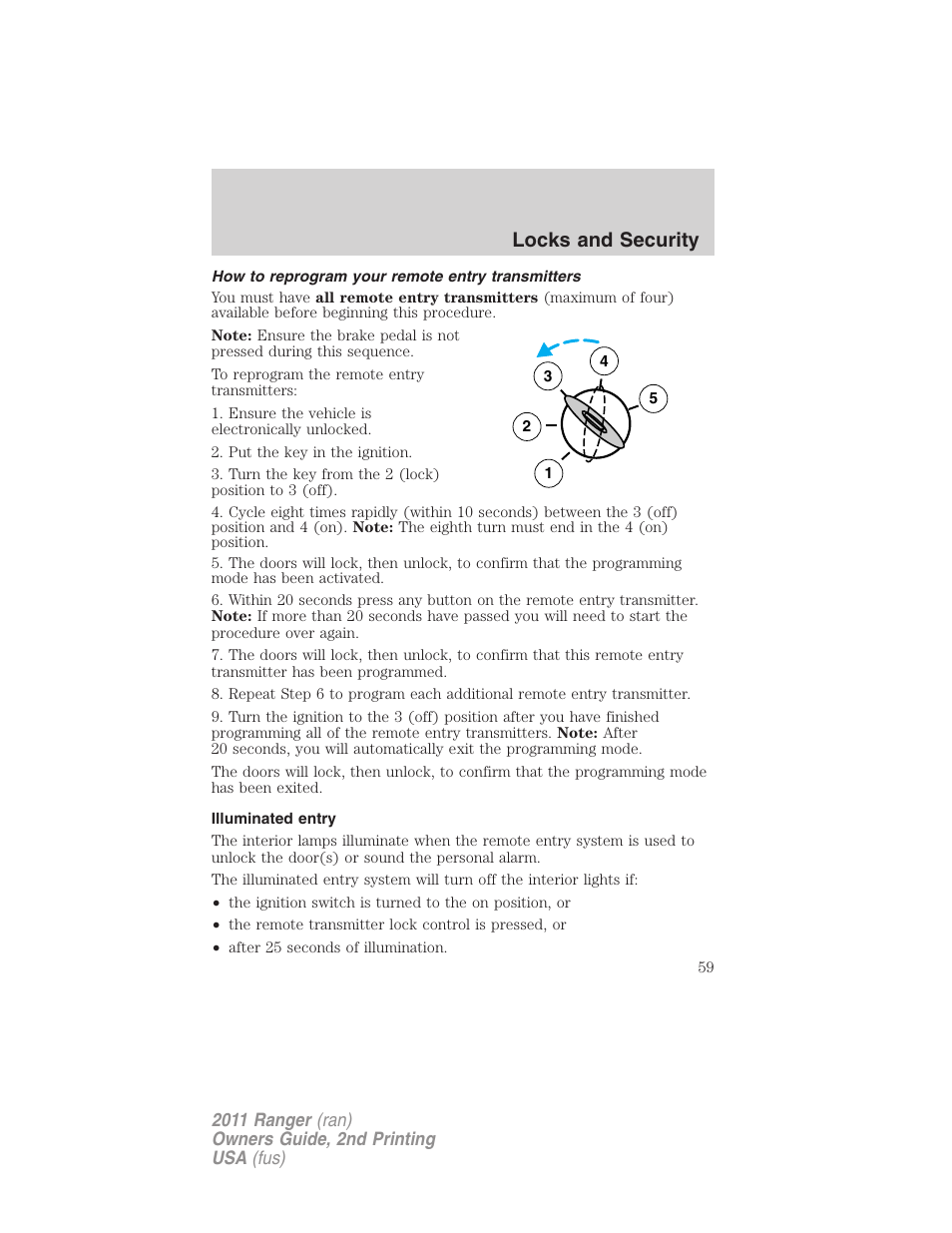 How to reprogram your remote entry transmitters, Illuminated entry, Locks and security | FORD 2011 Ranger v.2 User Manual | Page 59 / 303