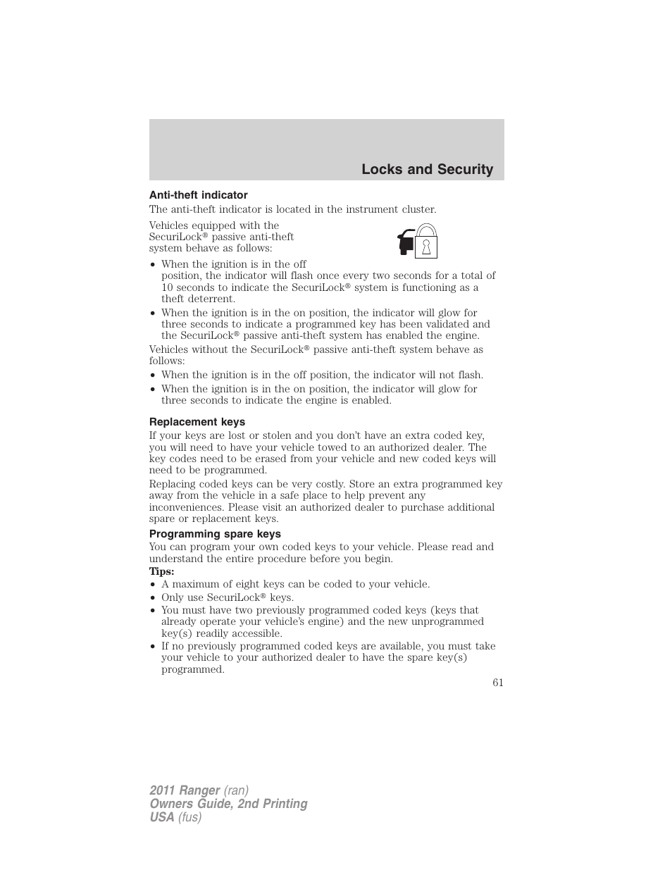 Anti-theft indicator, Replacement keys, Programming spare keys | Locks and security | FORD 2011 Ranger v.2 User Manual | Page 61 / 303