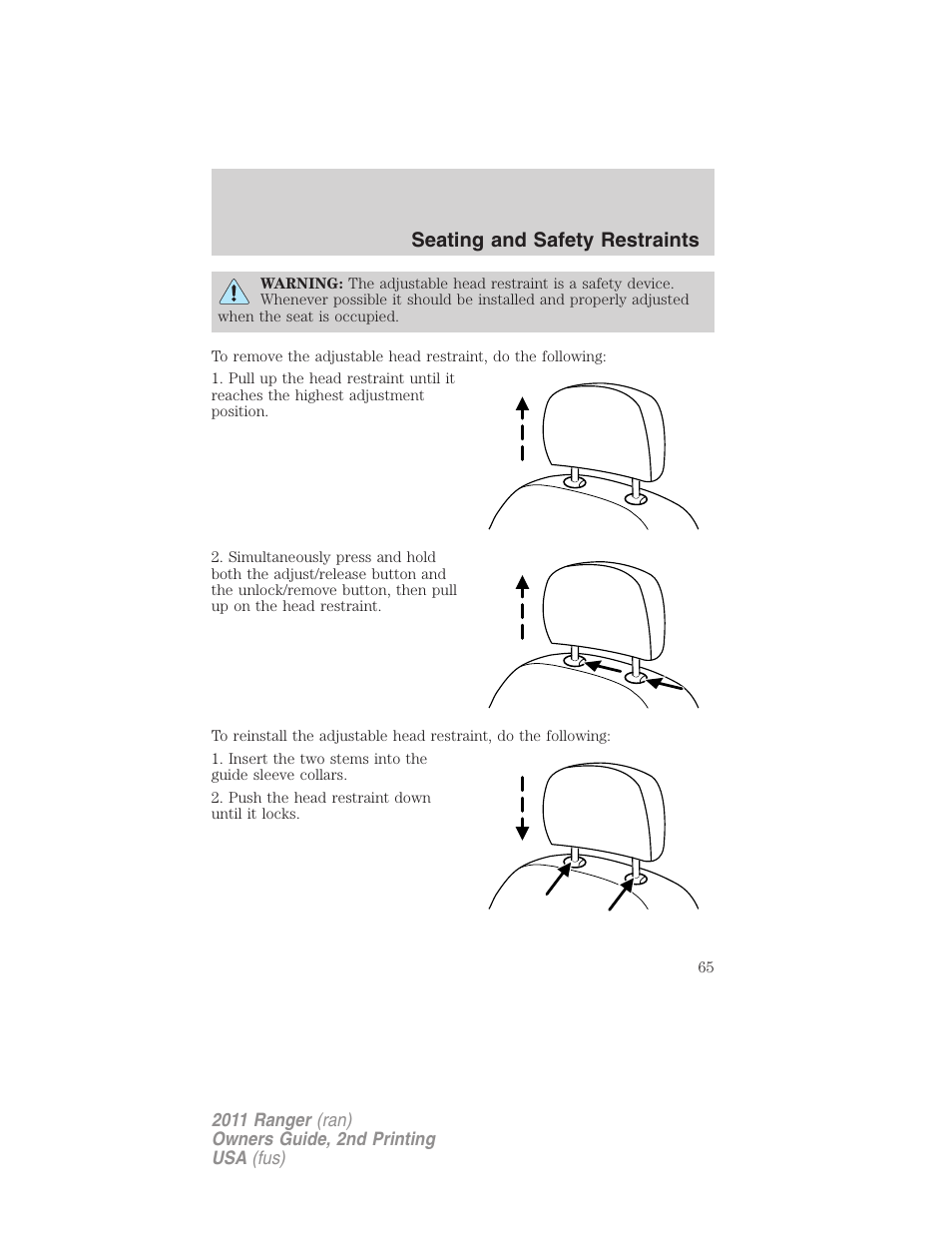 Seating and safety restraints | FORD 2011 Ranger v.2 User Manual | Page 65 / 303