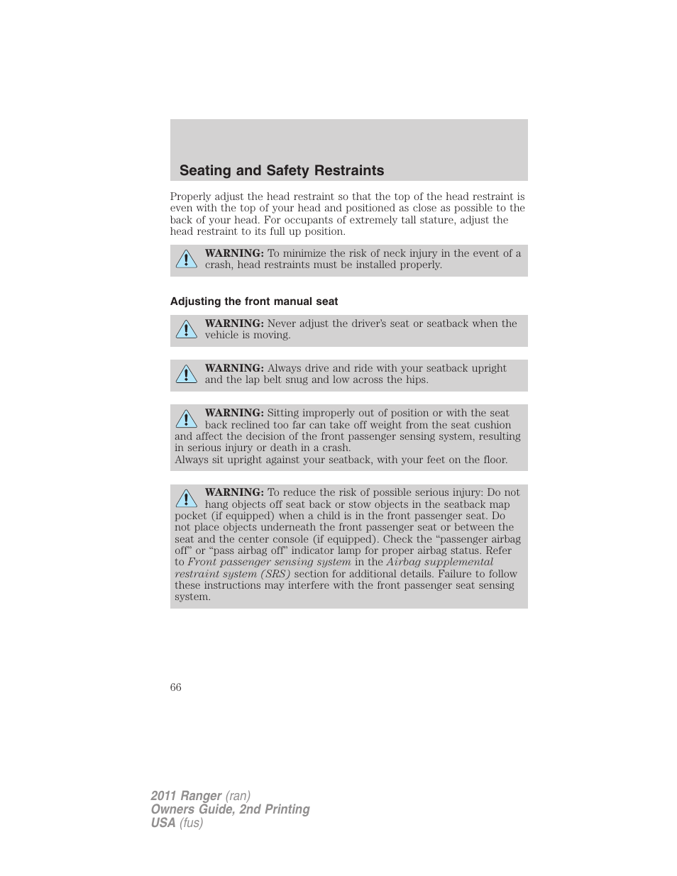 Adjusting the front manual seat, Seating and safety restraints | FORD 2011 Ranger v.2 User Manual | Page 66 / 303