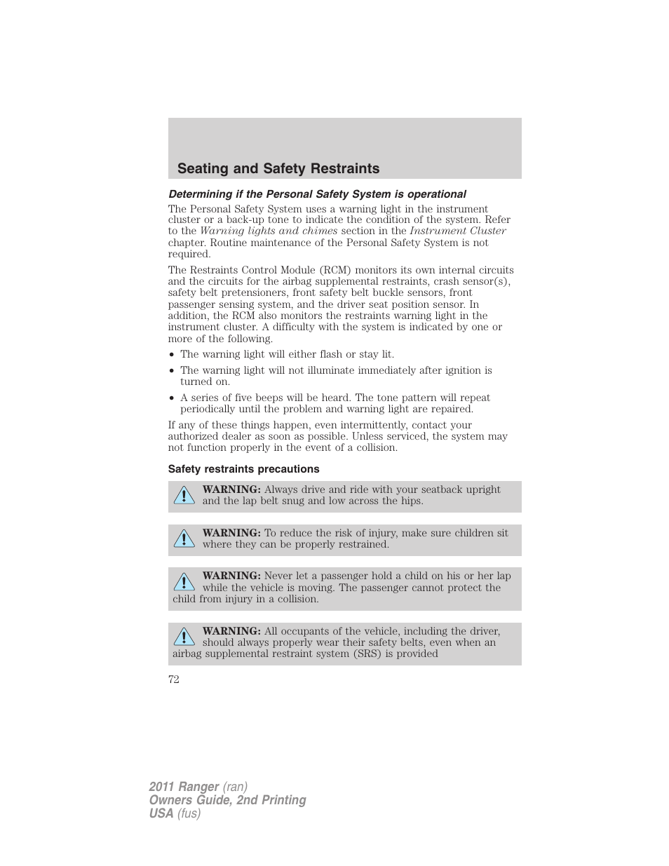 Safety restraints precautions, Seating and safety restraints | FORD 2011 Ranger v.2 User Manual | Page 72 / 303