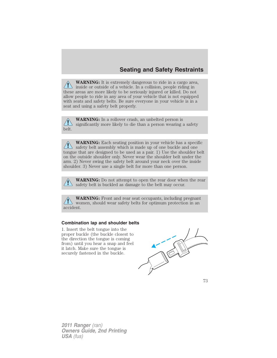 Combination lap and shoulder belts, Seating and safety restraints | FORD 2011 Ranger v.2 User Manual | Page 73 / 303