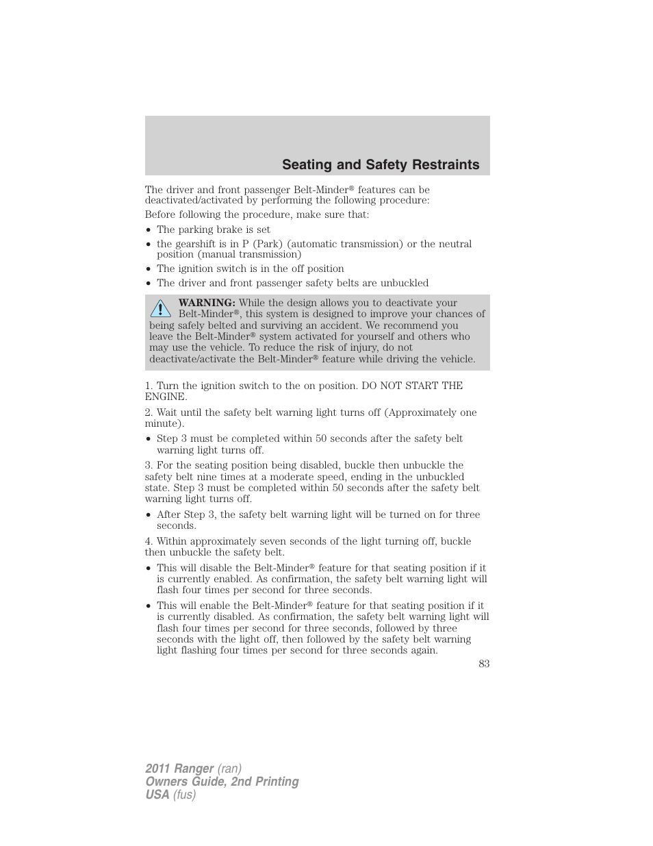 Seating and safety restraints | FORD 2011 Ranger v.2 User Manual | Page 83 / 303