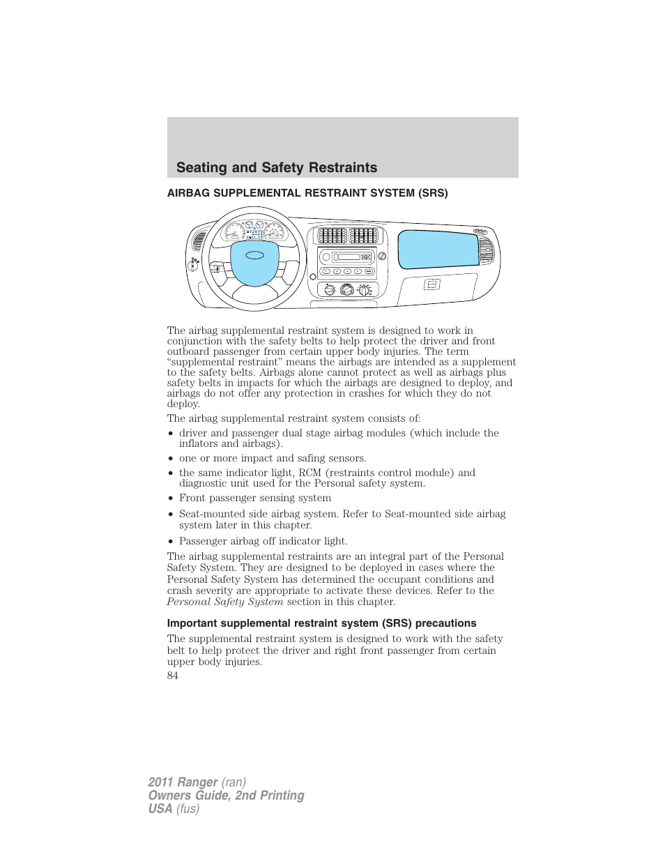 Airbag supplemental restraint system (srs), Airbags, Seating and safety restraints | FORD 2011 Ranger v.2 User Manual | Page 84 / 303