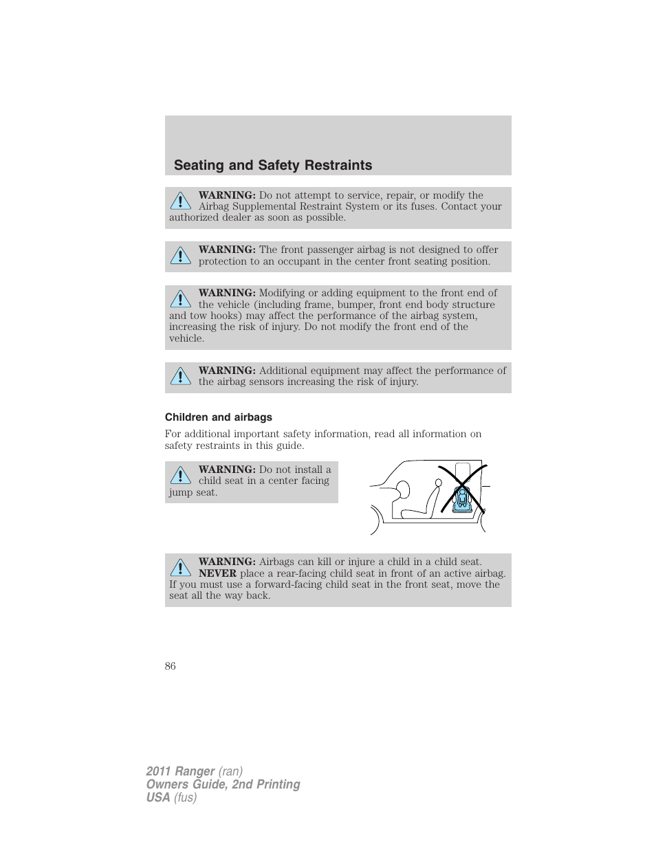 Children and airbags, Seating and safety restraints | FORD 2011 Ranger v.2 User Manual | Page 86 / 303