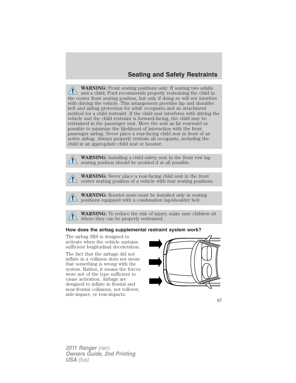 Seating and safety restraints | FORD 2011 Ranger v.2 User Manual | Page 87 / 303