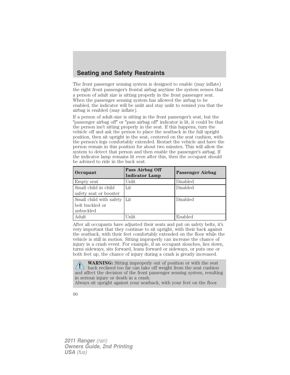 Seating and safety restraints | FORD 2011 Ranger v.2 User Manual | Page 90 / 303