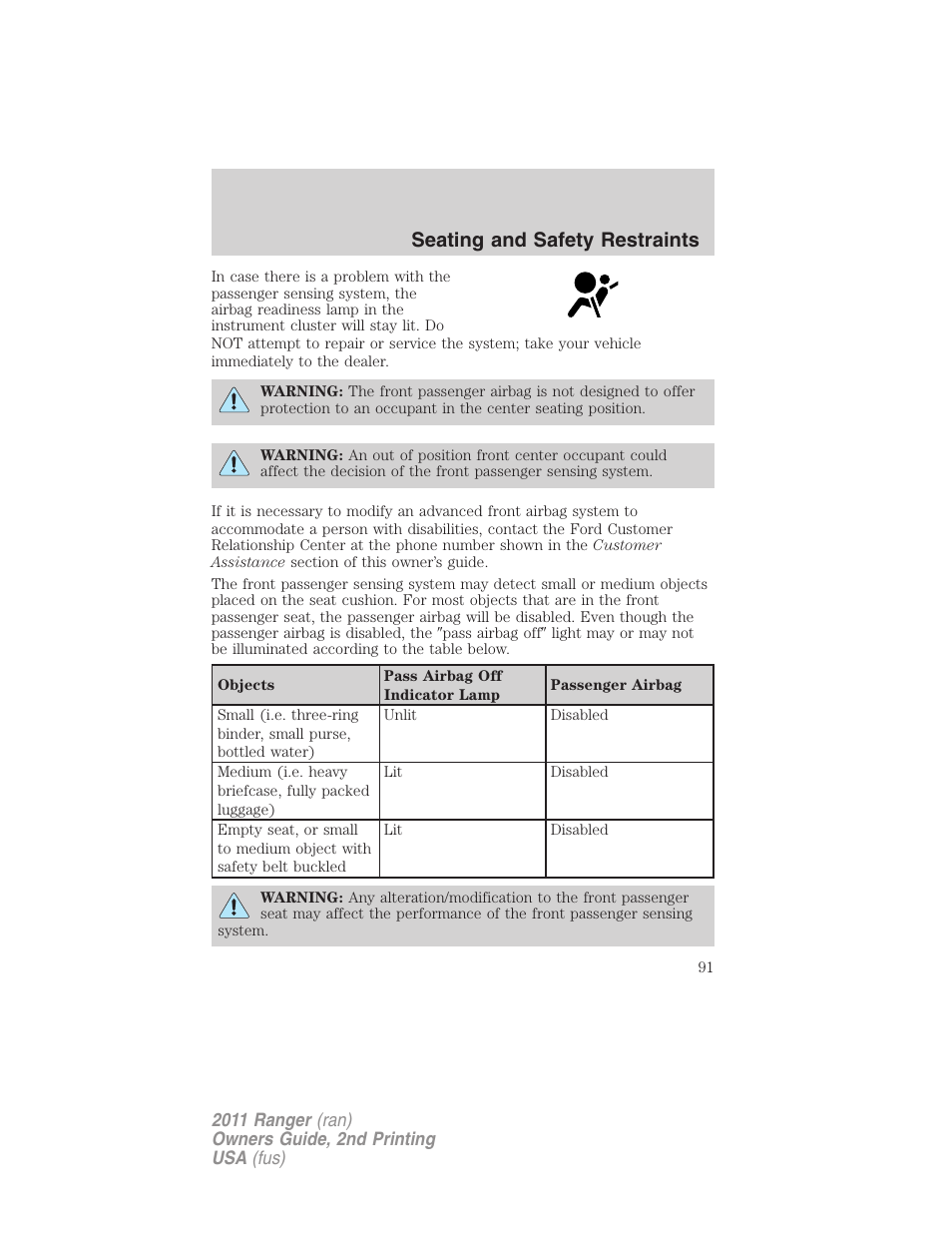 Seating and safety restraints | FORD 2011 Ranger v.2 User Manual | Page 91 / 303