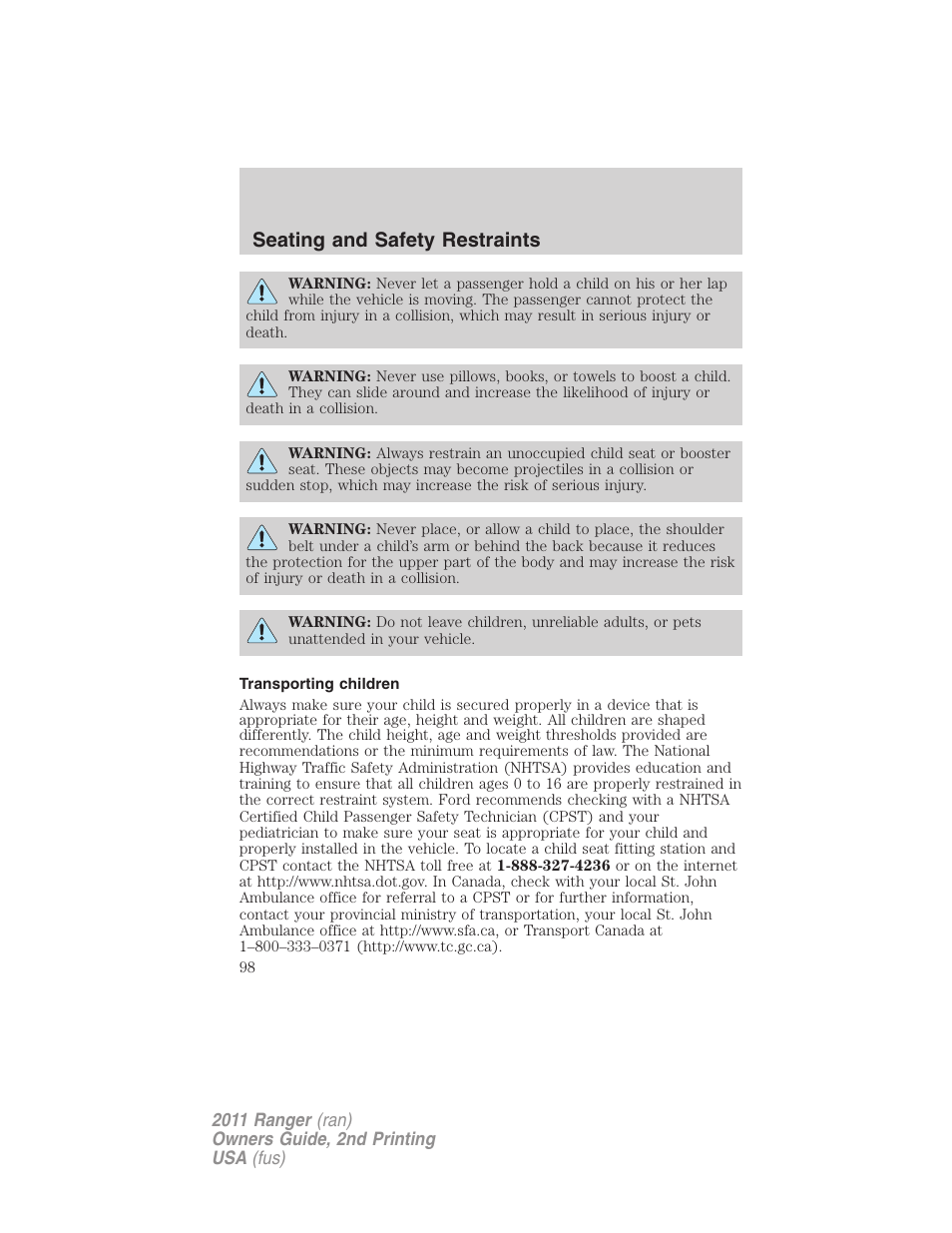 Transporting children, Seating and safety restraints | FORD 2011 Ranger v.2 User Manual | Page 98 / 303