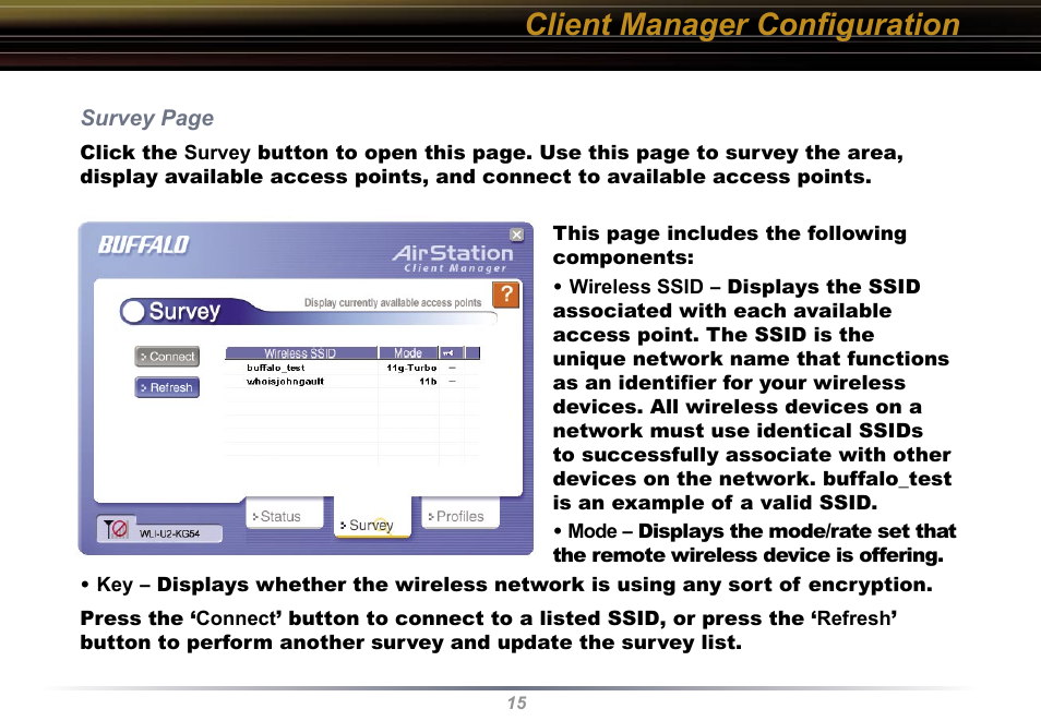 Client manager conﬁguration | Buffalo Technology WLI-U2-KG54 User Manual | Page 15 / 39