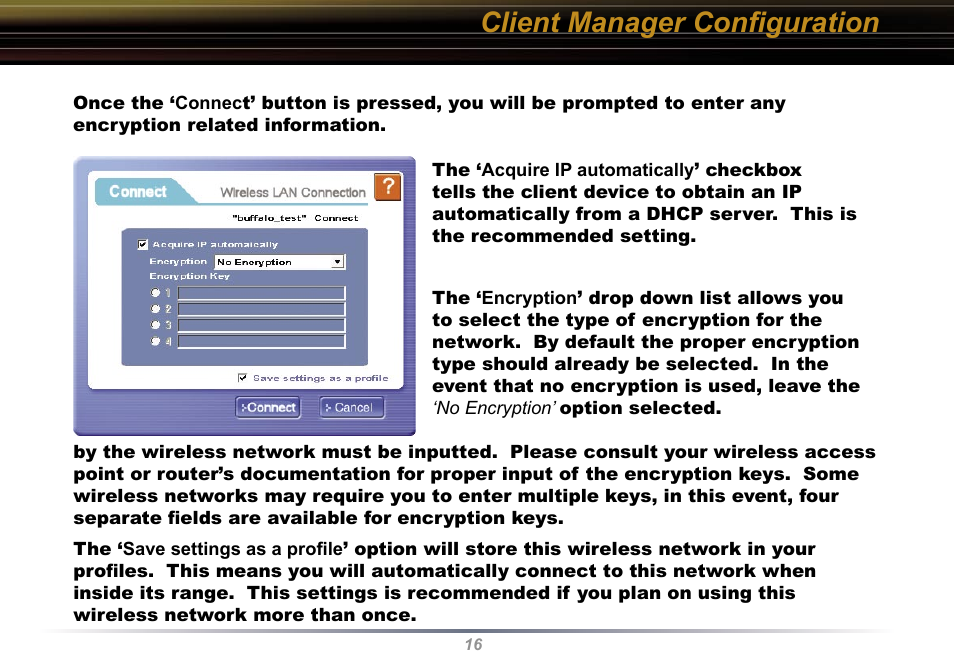 Client manager conﬁguration | Buffalo Technology WLI-U2-KG54 User Manual | Page 16 / 39