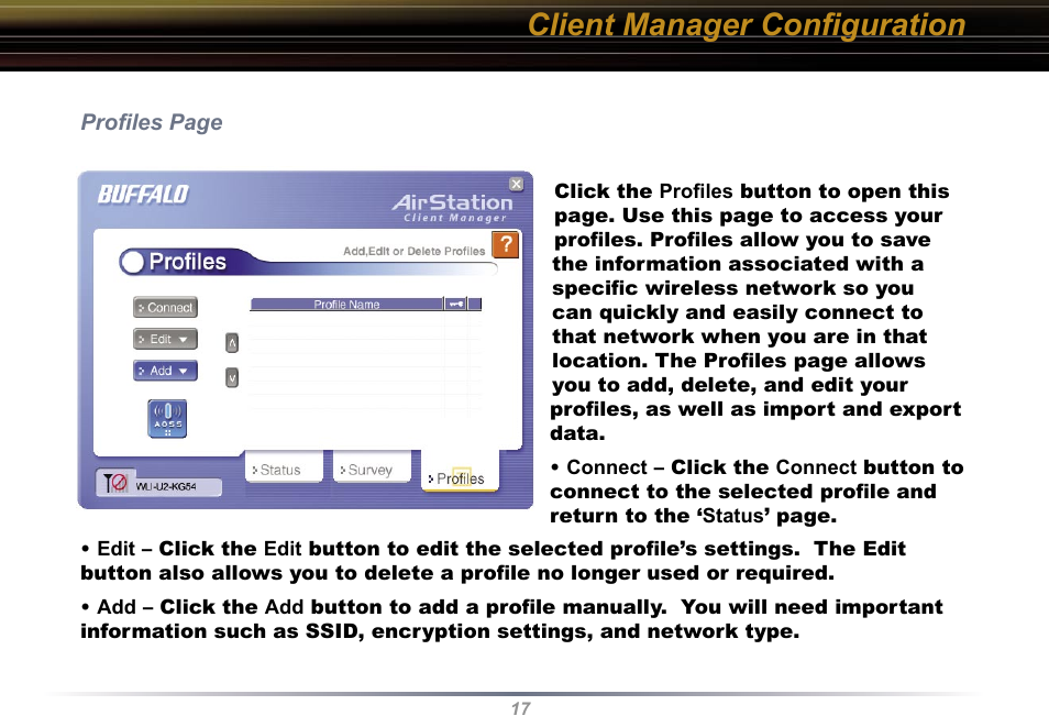 Client manager conﬁguration | Buffalo Technology WLI-U2-KG54 User Manual | Page 17 / 39