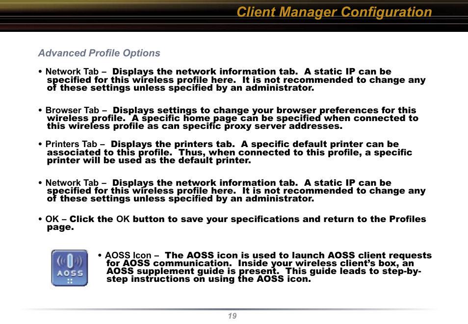 Client manager conﬁguration | Buffalo Technology WLI-U2-KG54 User Manual | Page 19 / 39