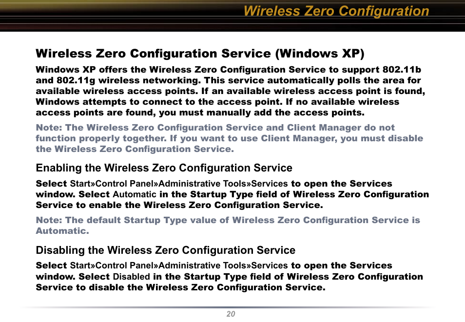 Wireless zero conﬁguration, Wireless zero conﬁguration service (windows xp) | Buffalo Technology WLI-U2-KG54 User Manual | Page 20 / 39