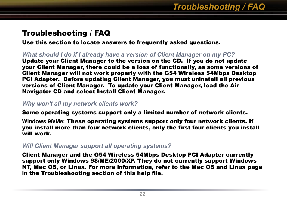 Troubleshooting / faq | Buffalo Technology WLI-U2-KG54 User Manual | Page 22 / 39