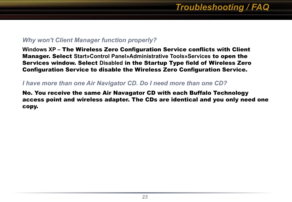 Troubleshooting / faq | Buffalo Technology WLI-U2-KG54 User Manual | Page 23 / 39