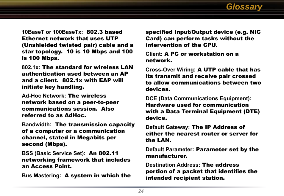 Glossary | Buffalo Technology WLI-U2-KG54 User Manual | Page 24 / 39