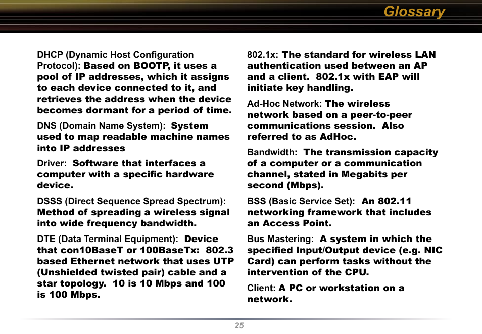 Glossary | Buffalo Technology WLI-U2-KG54 User Manual | Page 25 / 39
