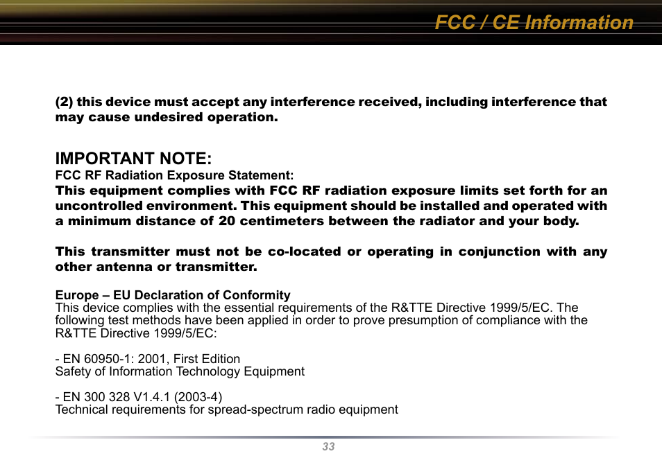 Fcc / ce information | Buffalo Technology WLI-U2-KG54 User Manual | Page 33 / 39