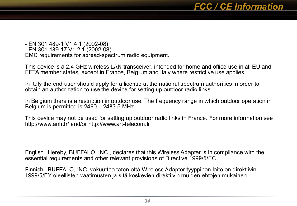 Fcc / ce information | Buffalo Technology WLI-U2-KG54 User Manual | Page 34 / 39