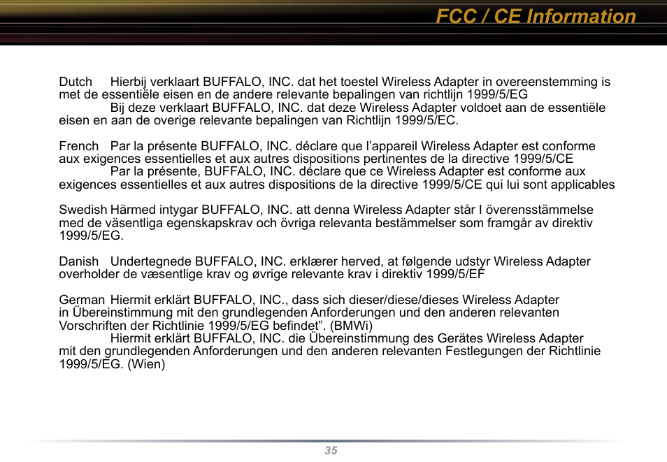 Fcc / ce information | Buffalo Technology WLI-U2-KG54 User Manual | Page 35 / 39