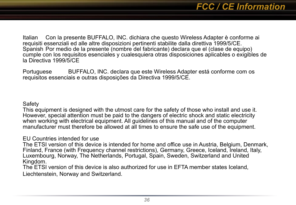 Fcc / ce information | Buffalo Technology WLI-U2-KG54 User Manual | Page 36 / 39