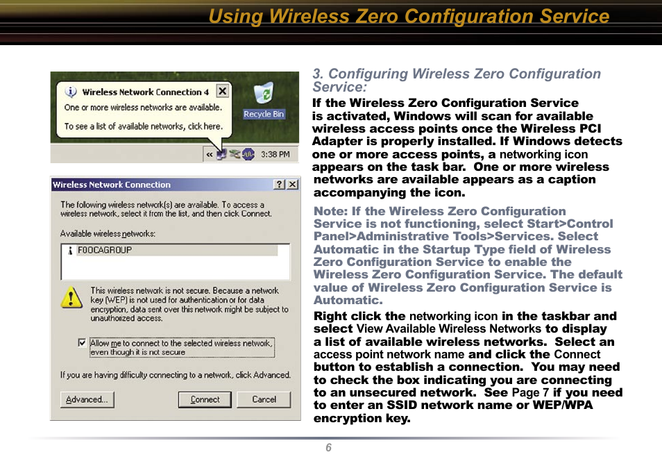 Using wireless zero conﬁguration service | Buffalo Technology WLI-U2-KG54 User Manual | Page 6 / 39