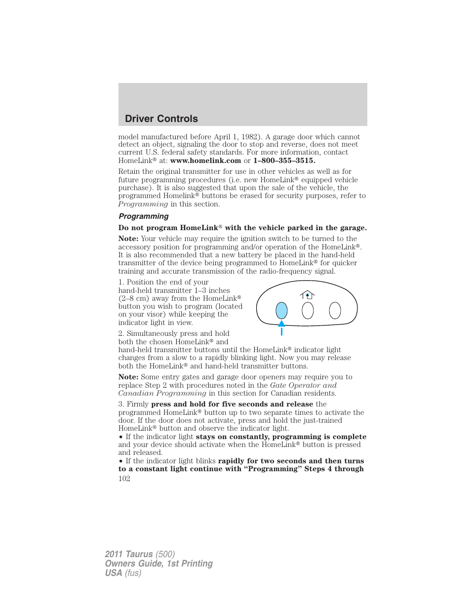 Programming, Driver controls | FORD 2011 Taurus v.1 User Manual | Page 102 / 406