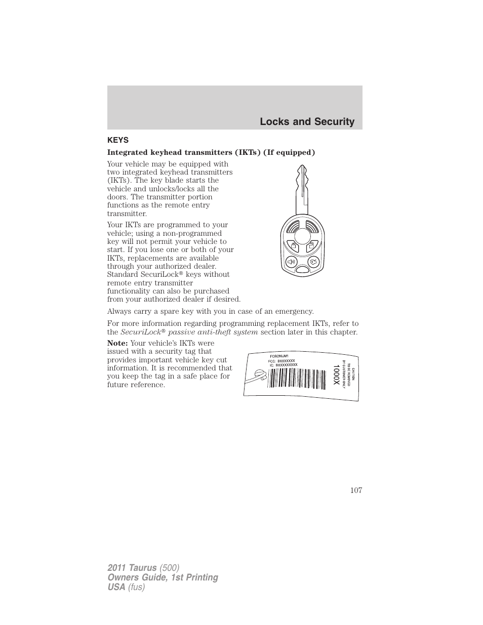 Locks and security, Keys | FORD 2011 Taurus v.1 User Manual | Page 107 / 406