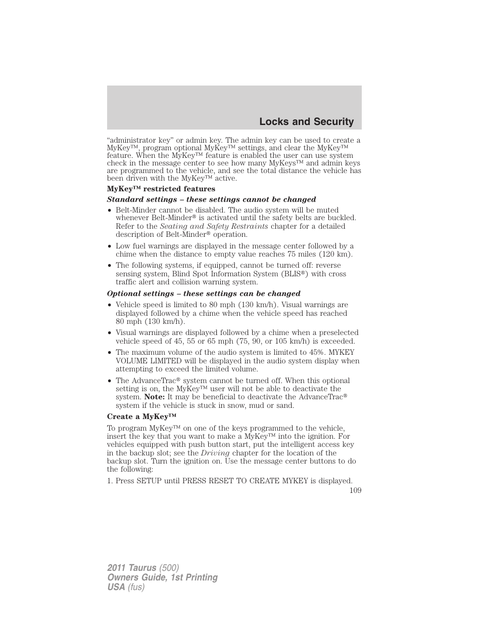 Locks and security | FORD 2011 Taurus v.1 User Manual | Page 109 / 406