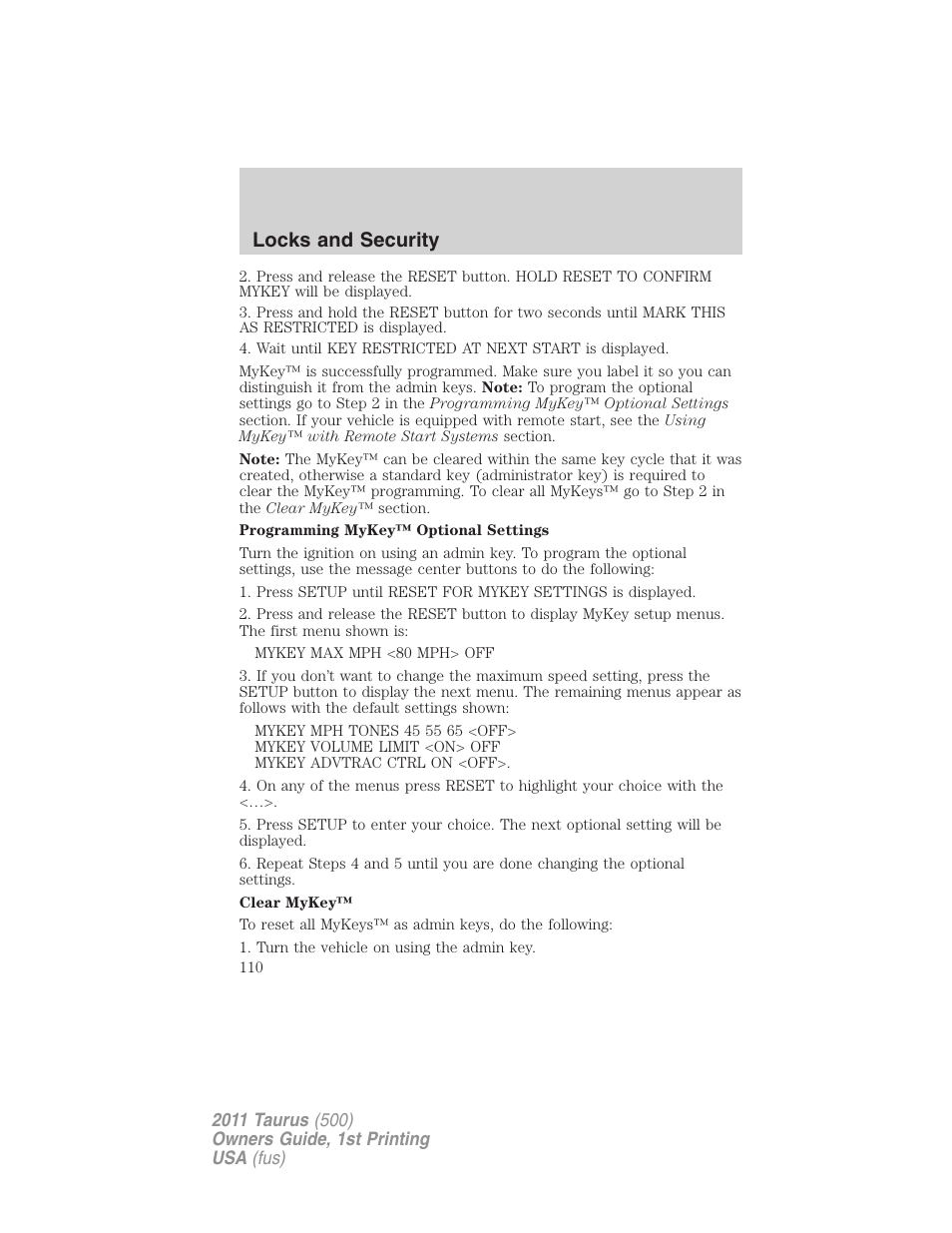 Locks and security | FORD 2011 Taurus v.1 User Manual | Page 110 / 406