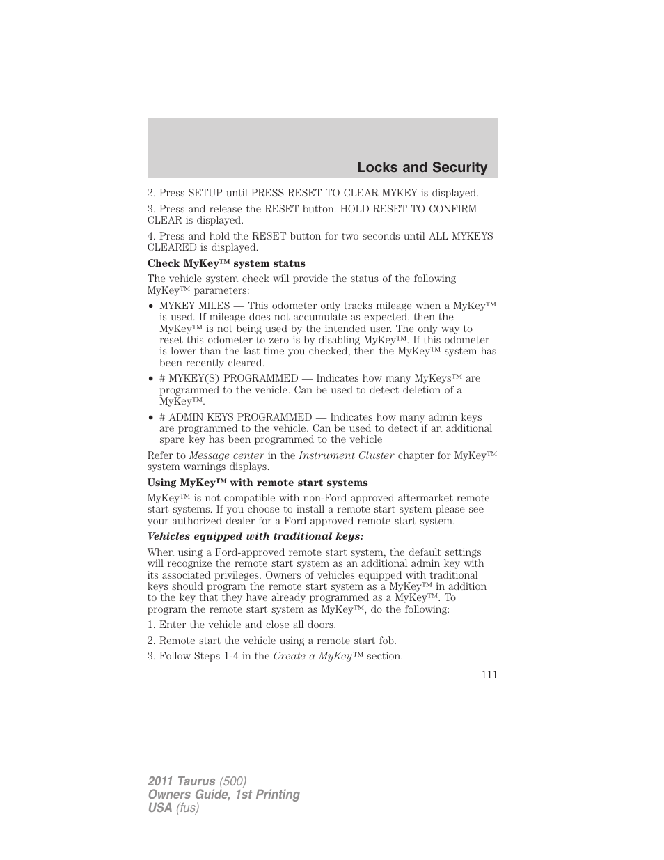 Locks and security | FORD 2011 Taurus v.1 User Manual | Page 111 / 406