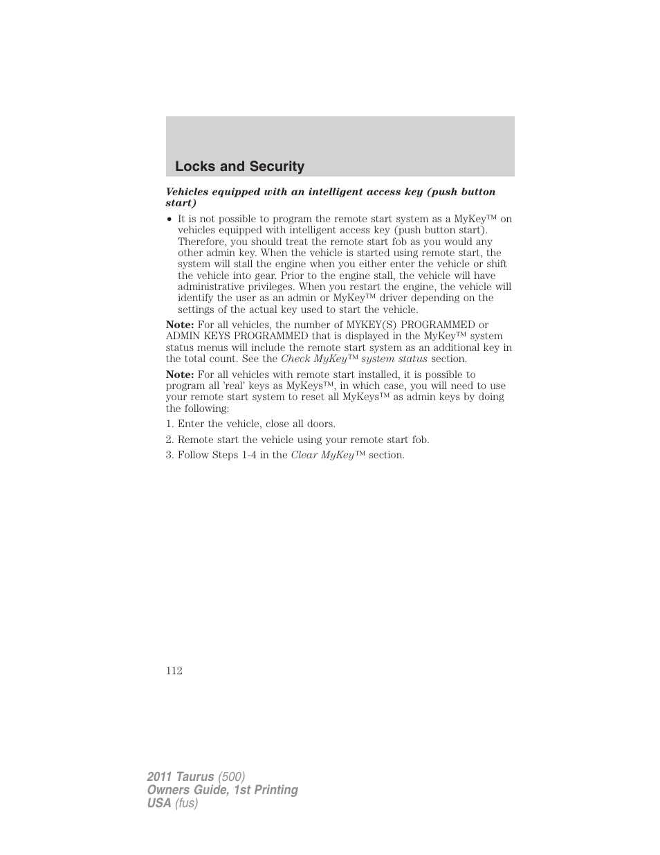 Locks and security | FORD 2011 Taurus v.1 User Manual | Page 112 / 406